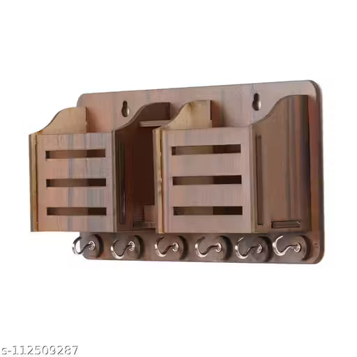 premium Phone Stand Brown Wood Key Holder (6 Hooks, Brown)