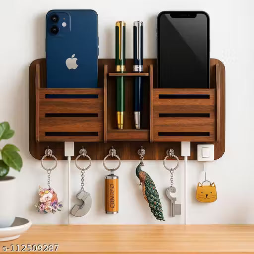 premium Phone Stand Brown Wood Key Holder (6 Hooks, Brown)