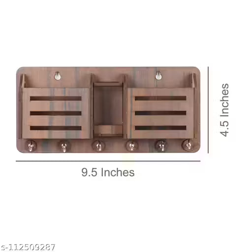premium Phone Stand Brown Wood Key Holder (6 Hooks, Brown)